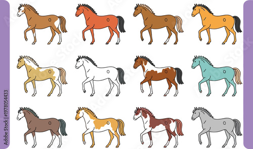 A Collection of Twelve Cartoon Horses in Various Colors and Patterns Isolate PNG