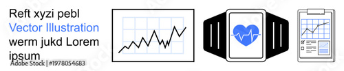 Health tracking, fitness analysis, wearable tech, smart devices, data visualization, performance monitoring. Graphs, smartwatch clipboard with data. Health tracking and fitness analysis concepts