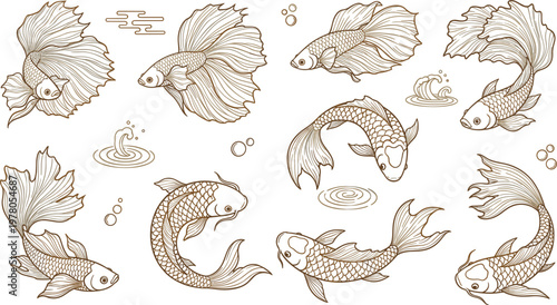 Koi Fish Line Art Illustration Set with Elegant Japanese Style Carp, Flowing Fins, Water Ripples, and Decorative Oriental Design Elements Collection