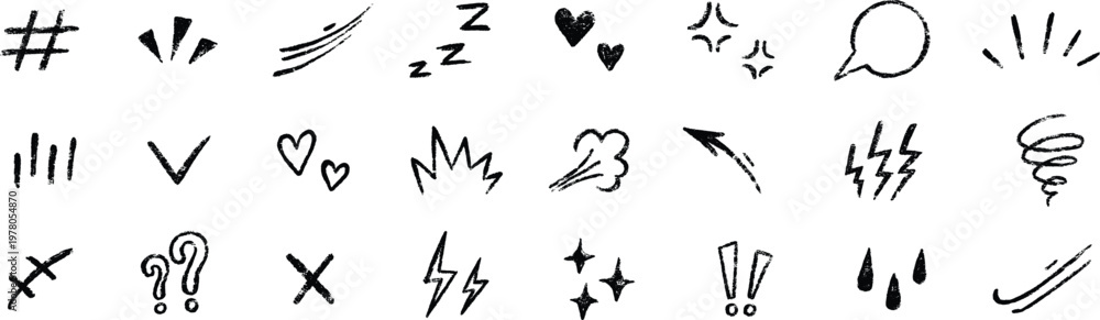 Fototapeta premium Hand-drawn manga comic emotion symbols and action marks collection isolated on transparent background