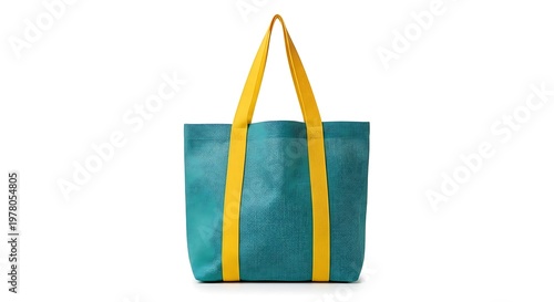 Tote bag with blue textured fabric and vibrant yellow handles
