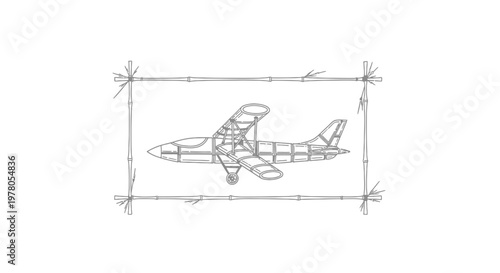 Hand-drawn airplane sketch framed by bamboo sticks, concept of sustainable aviation