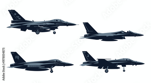 Modern supersonic fighter jet vector illustration set, military stealth aircraft silhouette, air force aviation icons, clean flat vector collection representing high-speed combat jets, 