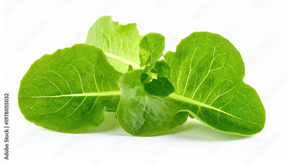 Fototapeta premium Crisp romaine lettuce leaves on a white background, perfect for salads and healthy meals.
