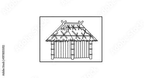 Hand-drawn illustration of a traditional thatched hut with bamboo walls