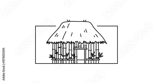 Hand-drawn illustration of a traditional bamboo hut with a thatched roof, simple line art.