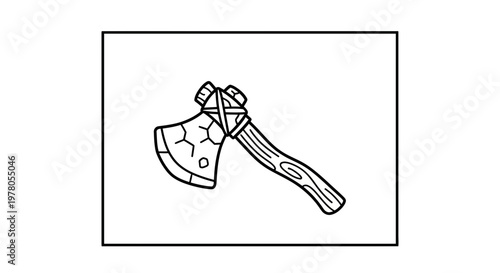 Hand-drawn illustration of an ancient battle axe with a wooden handle and stone head, isolated on white background.