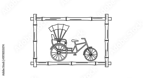 Hand-drawn rickshaw illustration in bamboo frame, traditional transport, vintage travel icon