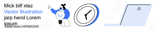 Time management, productivity, workflow, innovation, organization, digital tools. A character pointing, a clock and a laptop. Time management and productivity as core ideas