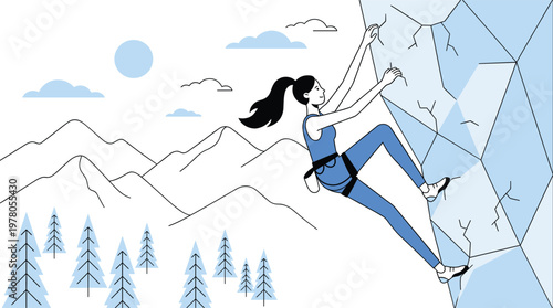 Rock climbing mountain adventure outdoor recreation sport fitness challenge achievement goal determination courage nature landscape illustration