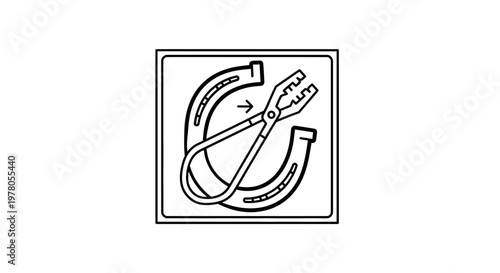 Farrier's Tongs Holding Horseshoe - Black and White Illustration
