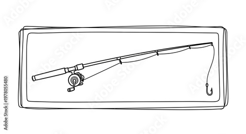 Fishing Rod and Reel with Hook, Line, and Sinker - Simple Line Drawing Illustration