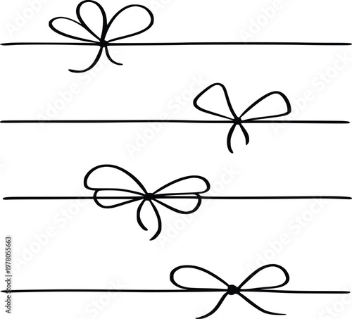 Set of simple hand drawn bows tied on horizontal lines isolated on transparent background
