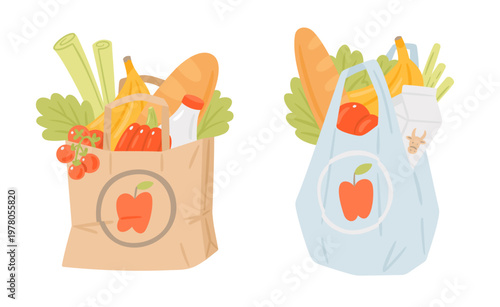 Paper and plastic grocery bags. Vector hand-draw illustrations of bags full of food from supermarket. 