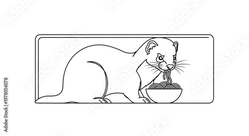 Ferret Eating Spaghetti From Bowl, Cute Animal Line Art Illustration