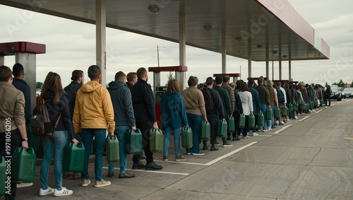 Long line of people holding fuel jerry cans at gas station during shortage