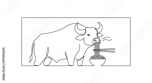 Funny Bull Eating Noodles with Chopsticks, Line Art Illustration