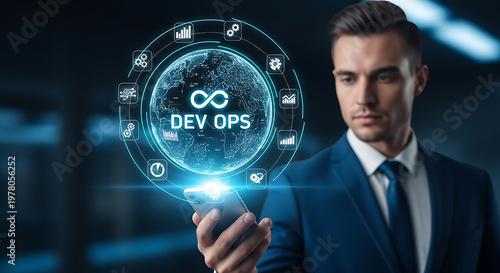 businessman interacting with a holographic devops display symbolizing software development it operations and digital transformation.