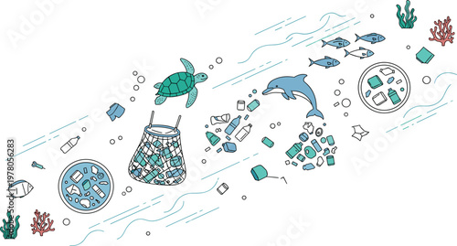 Ocean Plastic Pollution Illustration with Sea Turtle, Dolphin, Fish, and Trash Waste, Environmental Marine Conservation Concept Vector for Awareness and Sustainability Campaigns.
