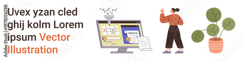 Business operations, financial management, digital workspace, data organization, office tasks, modern entrepreneurship. Scene includes computer screen with invoice, person pointing, and a plant