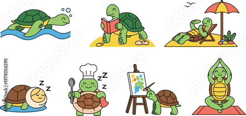 Cute Turtle Vector Set Featuring Relaxing, Reading, Painting, and Yoga Poses for Animal, Hobby, and Relaxation Illustrations