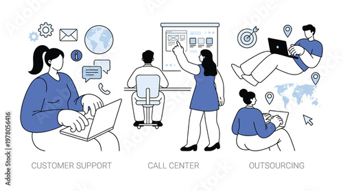 Customer support services showing call center operations and global outsourcing team providing help through multiple communication channels illustration