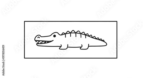 Cute Cartoon Alligator Illustration, Simple Line Art, White Background