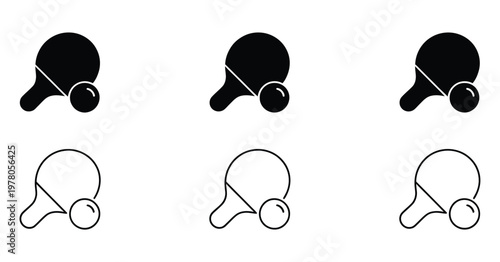 Ping pong paddle and ball icon set, stylized black and white sports symbols in solid and outline variations, clean vector illustration representing table tennis, recreation, and UI design elements, 