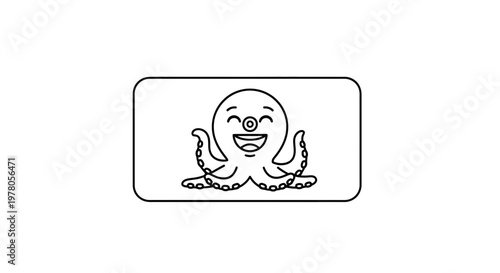 Cute Cartoon Octopus Character with Big Smile and One Eye, Outline Drawing
