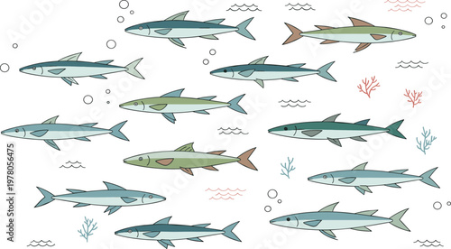 School of Fish Vector Illustration with Different Marine Species Swimming in Ocean Water with Bubbles and Coral Elements in Minimal Flat Style.