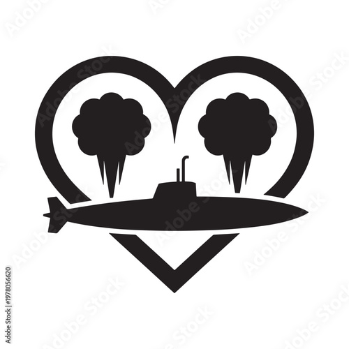 A black silhouette of a blimp flying within a heart shaped frame