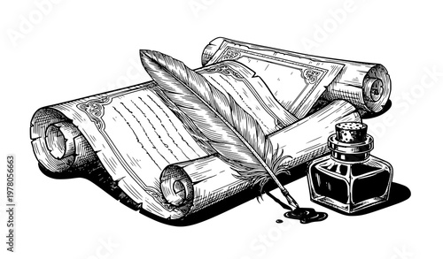 Hand-drawn scroll and quill sketch vector