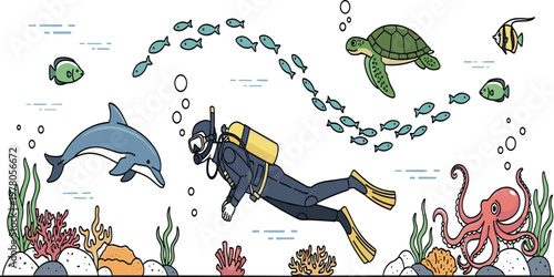Scuba Diver Exploring Underwater Ocean Scene with Dolphin, Turtle, Fish, and Octopus, Colorful Marine Life Vector Illustration for Adventure, Travel, and Nature Design.