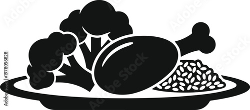 Healthy chicken meal plate with rice and vegetables silhouette icon