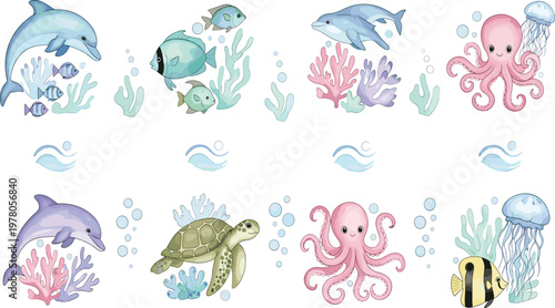 Set of Cute Marine Animals Vector Illustration with Dolphins Fish Octopus Turtle Jellyfish Coral Elements for Kids Design, Ocean Theme Collection.