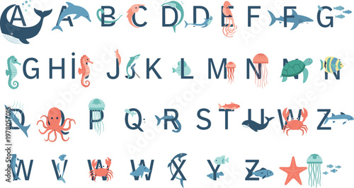 Underwater Alphabet Vector Set with Marine Animals and Sea Creatures Letters A to Z Featuring Fish Dolphin Octopus Turtle and Coral Elements.