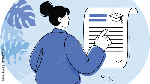 Student woman reviewing educational graduation certificate document with academic achievement symbols and completion requirements illustration