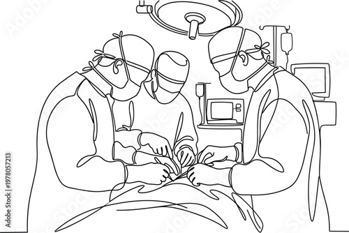 Continuous line drawing of surgeons performing operation in operating room with medical equipment and teamwork concept illustration