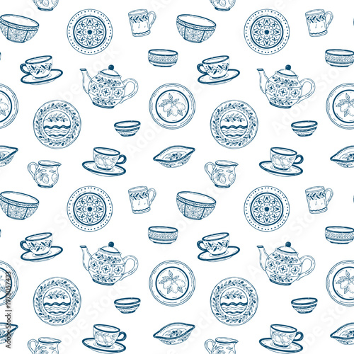 Seamless Mediterranean pattern with hand-drawn vector ceramic tea and dining tableware, decorated with lemons, olives, and geometric botanical motifs