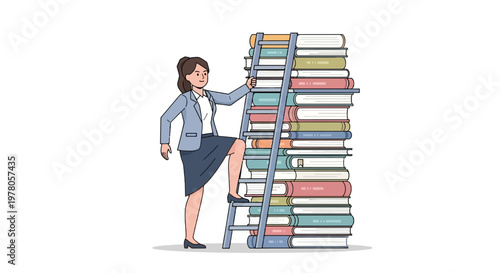 Woman standing next to large books.
