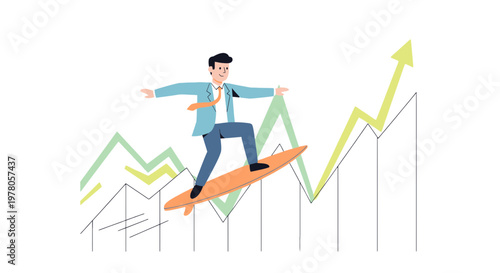 Businessman Riding Growing Chart Graph.