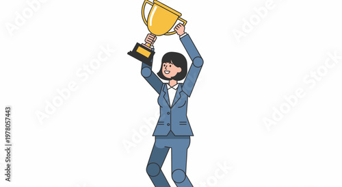 Woman holding up a trophy high.
