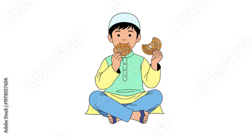 Boy eating dates in traditional attire.
