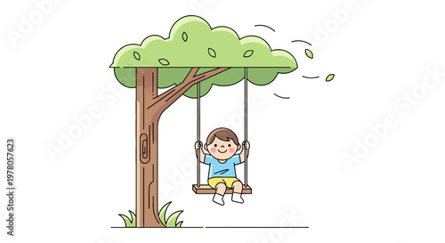 Happy little boy on swing outdoors.