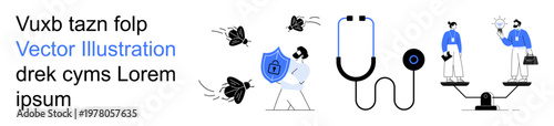 Cybersecurity, healthcare, business ethics, data protection, decision-making, balance. Person fending off bugs with shield, stethoscope professionals on scale. Cybersecurity and healthcare concept