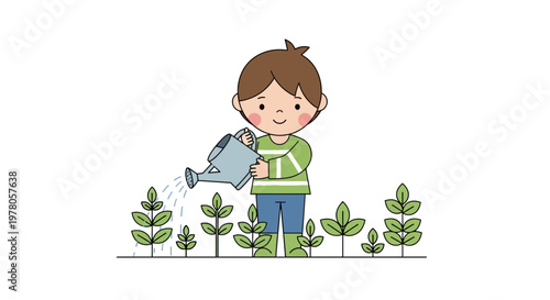 Little girl watering green plants outside.