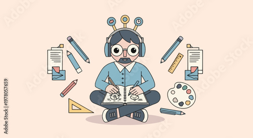 Cartoon boy with creative art supplies.