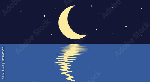 Crescent Moon Reflected on Water Surface.