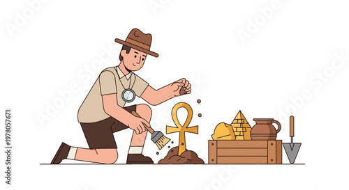 Man kneeling with golden Ankh artifact.