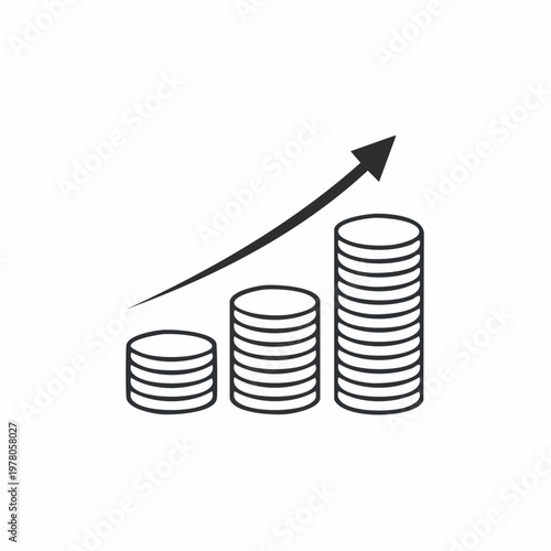 Black and white line art icon showing increasing stacks of coins with an upward arrow, symbolizing financial growth.